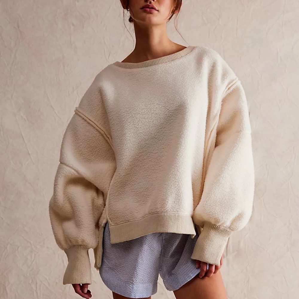 Free People Cream Fleece Pullover Sweater